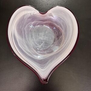 Art Glass Heart Bowl Ruby Red Cased Swirl Lavender Murano Style Candy Dish 8.5in